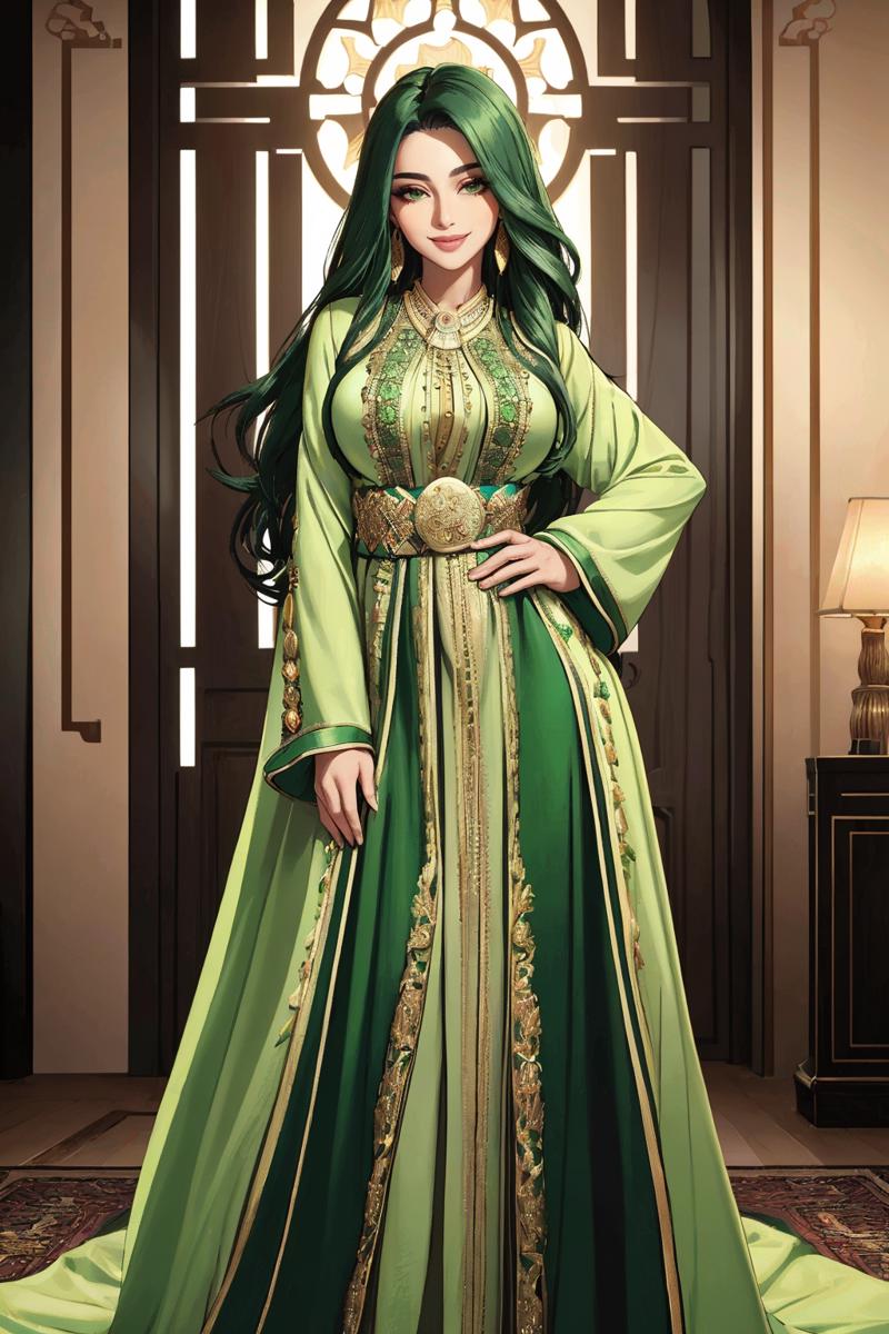 14083-3874391563-((masterpiece,best quality,edgQuality)),(smile),looking at viewer,standing,_edgCaftan, a woman in a green robe ,wearing edgCafta.png